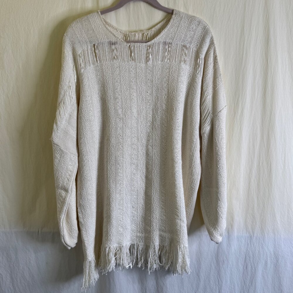 Women's Knit Pullover Sweater with Fringe and Open Weave Approximate Size XL